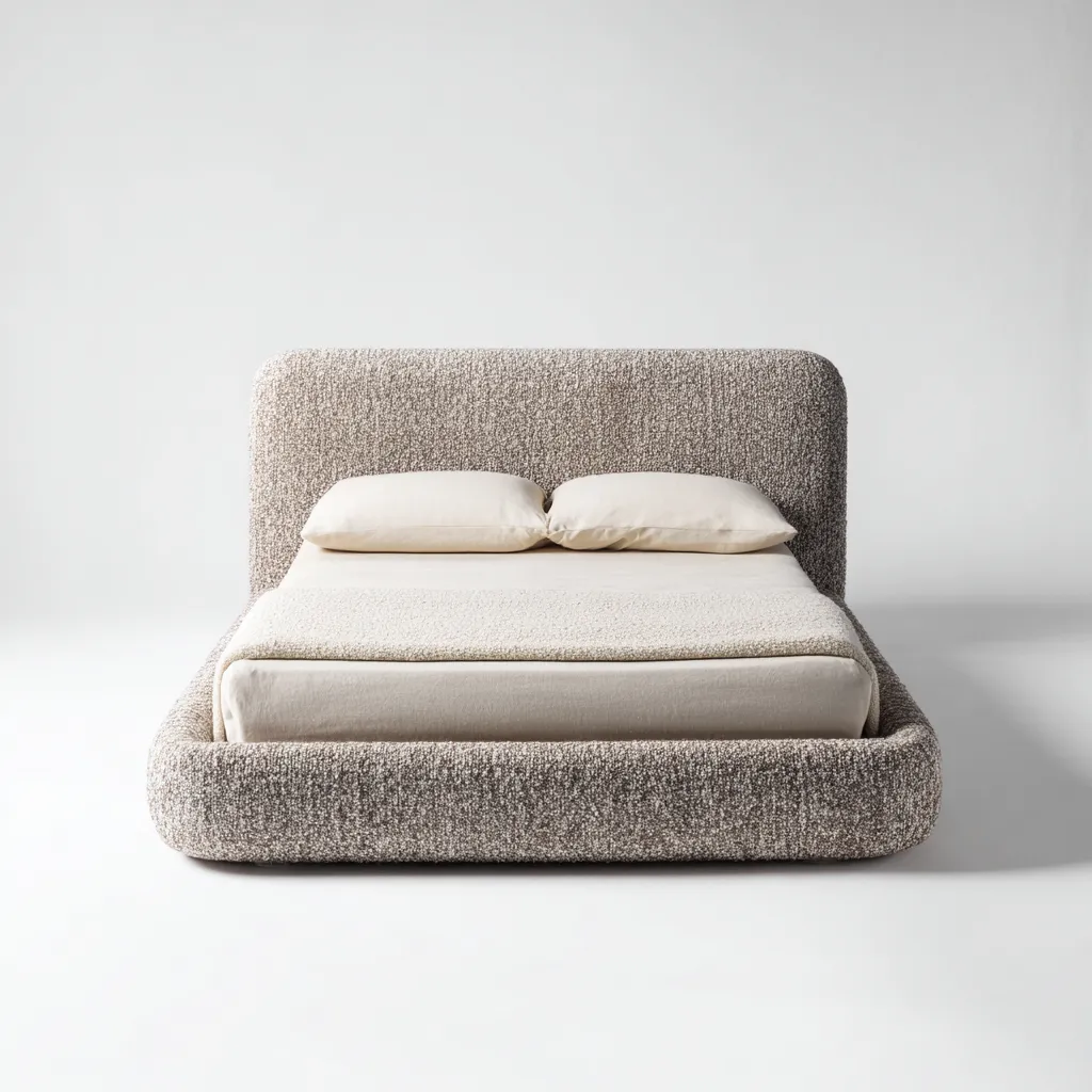 Lit double - tissu bouclé - bois - 200x160x110 cm - beige - style moderne-Nestleify