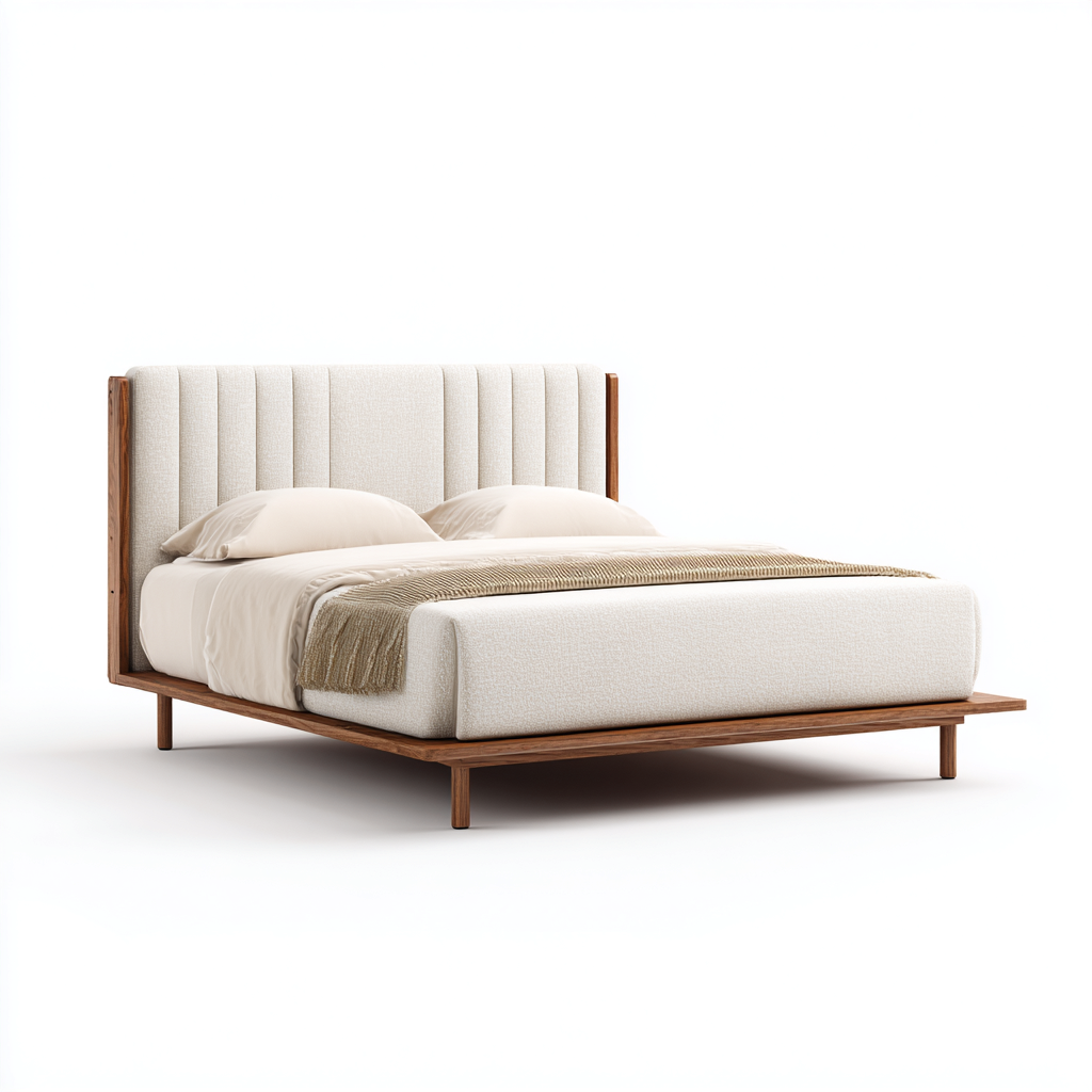 Lit double - bois - tissu - 200x160x105 cm - beige-noyer - style moderne-Nestleify