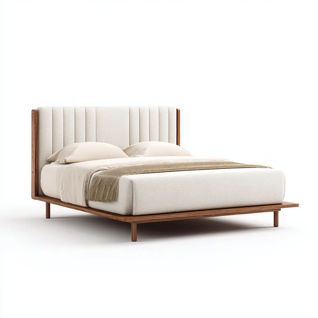 Lit double - bois - tissu - 200x160x105 cm - beige-noyer - style moderne-Nestleify