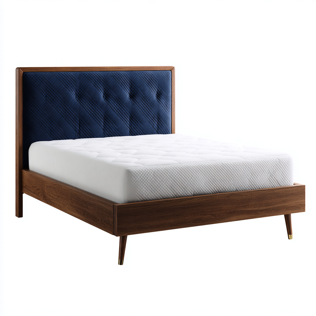 Lit double - bois - tissu - 200x160x110 cm - noyer-bleu marine - style moderne-Nestleify