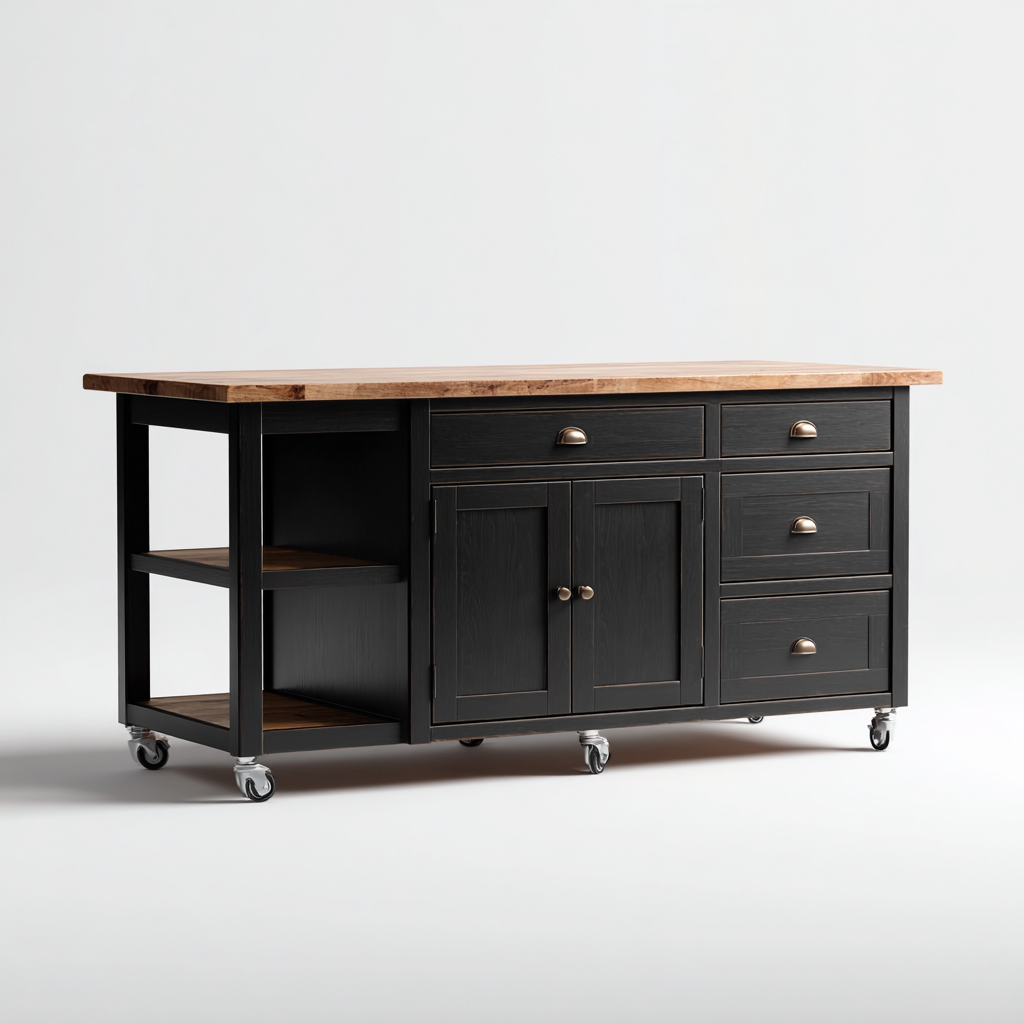 Îlot de cuisine - bois mélaminé - métal - 160x55x90 cm - noir-bois naturel - style industriel-Nestleify