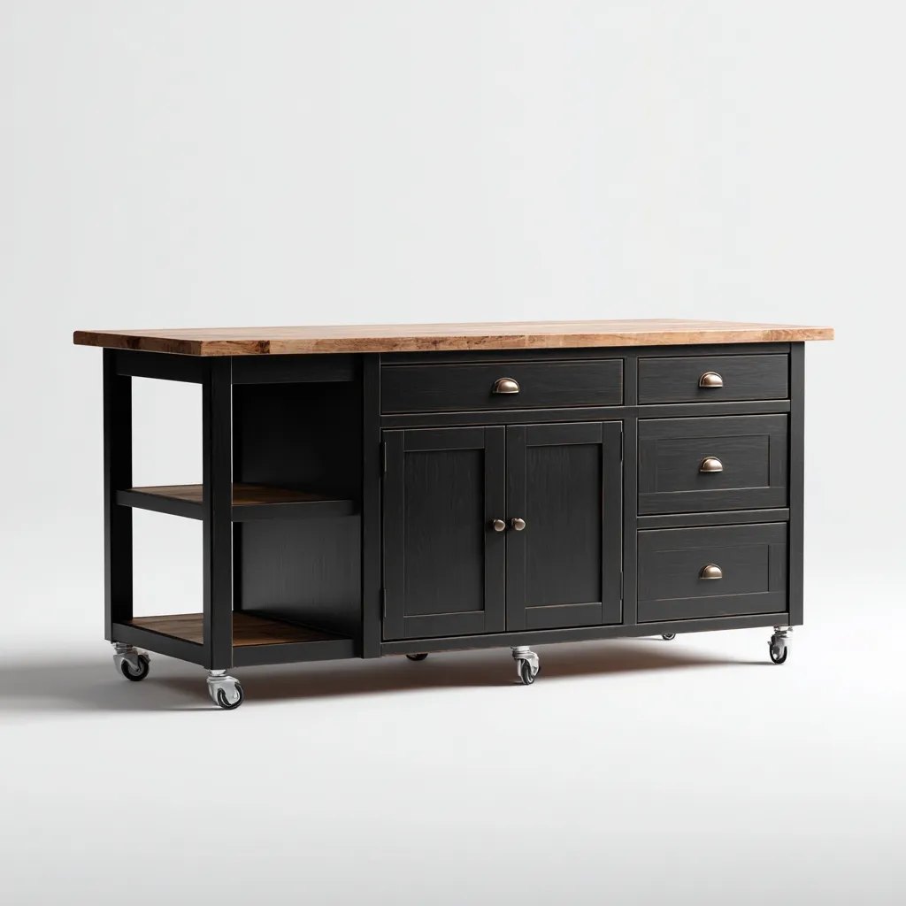 Îlot de cuisine - bois mélaminé - métal - 160x55x90 cm - noir-bois naturel - style industriel-Nestleify