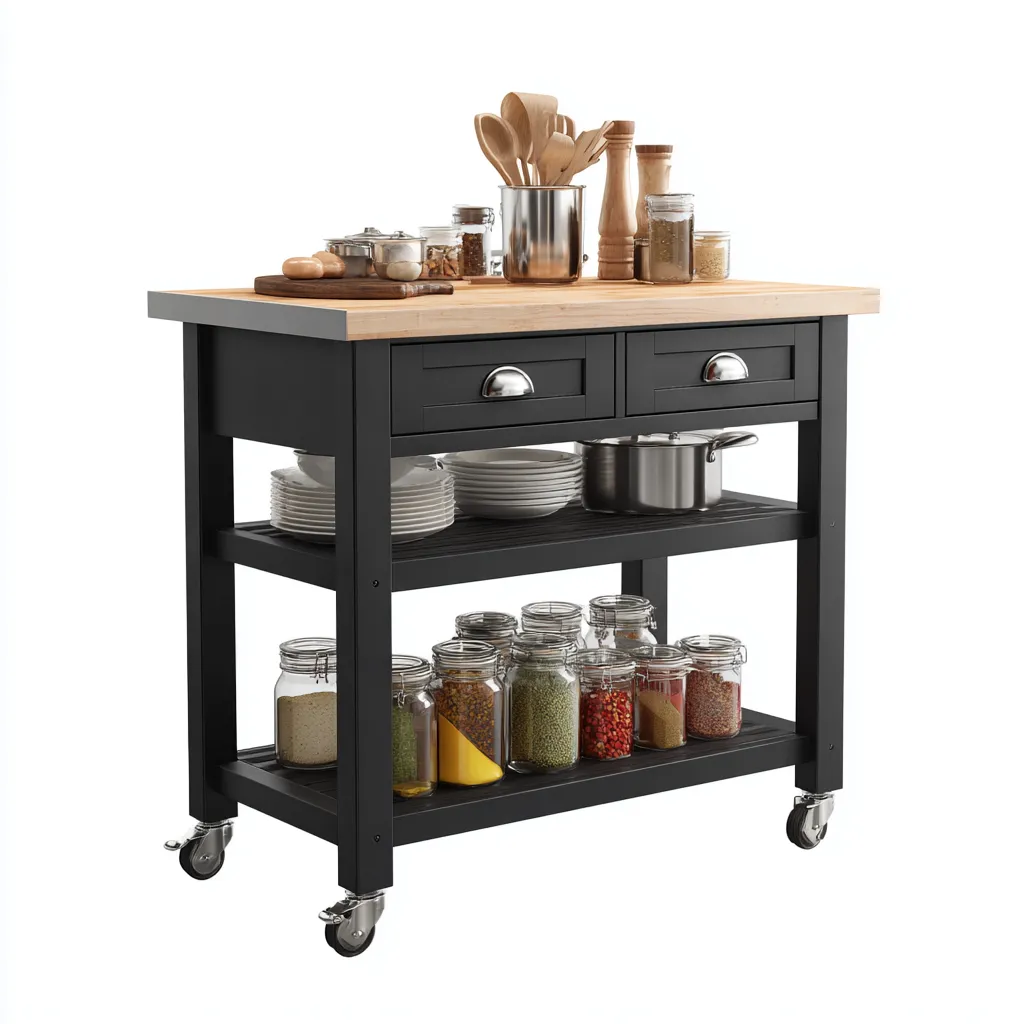 Îlot de cuisine - bois mélaminé - métal - 90x50x90 cm - noir-bois naturel - style moderne-Nestleify