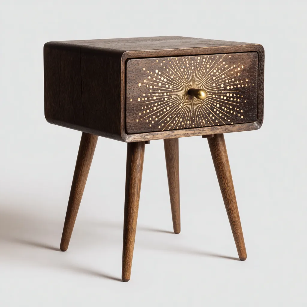 Table de chevet - bois massif-métal doré - 40x35x55 cm - brun-doré - style rétro élégant-Nestleify