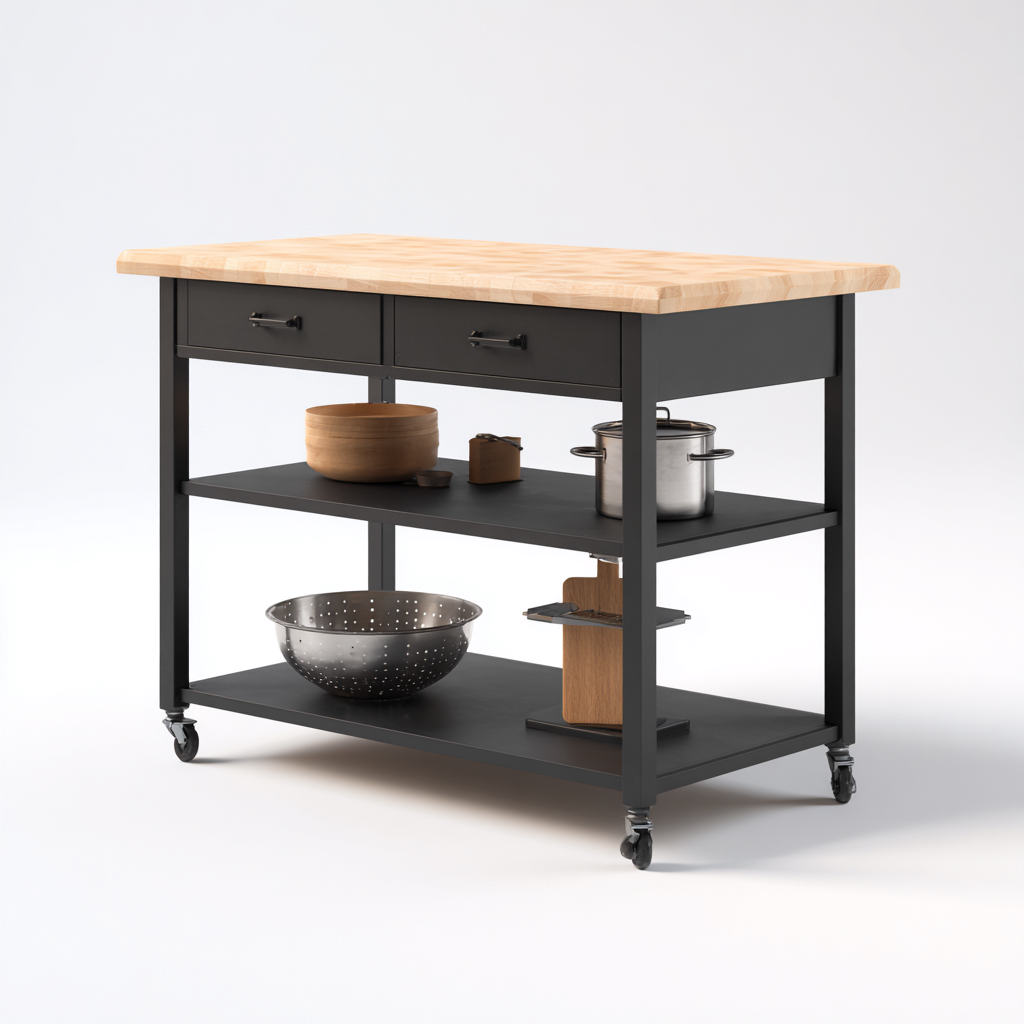 Îlot de cuisine - métal - bois - 90x50x90 cm - noir-naturel - style moderne-Nestleify