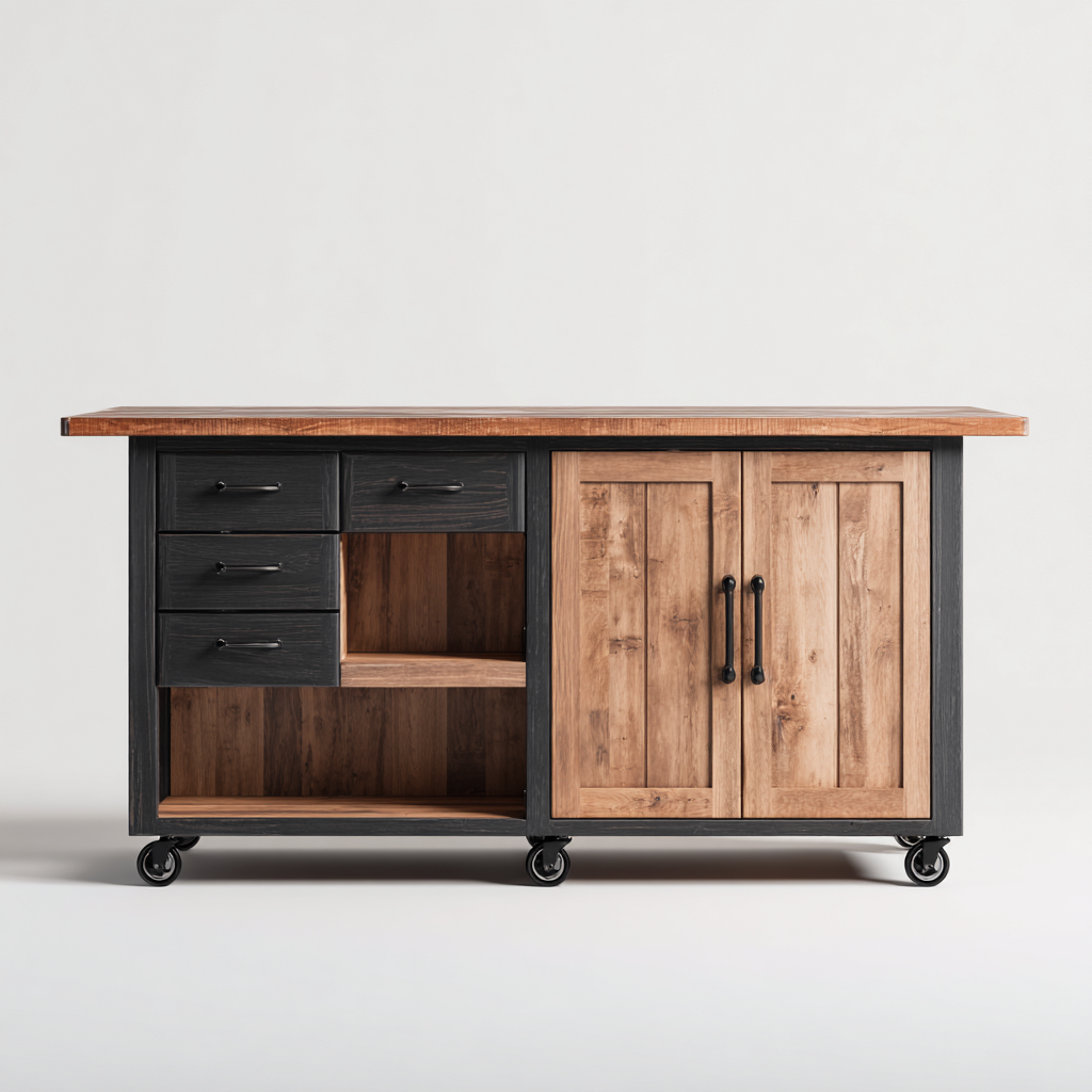 Îlot de cuisine - bois mélaminé - métal - 140x50x90 cm - noir-bois naturel - style industriel-Nestleify