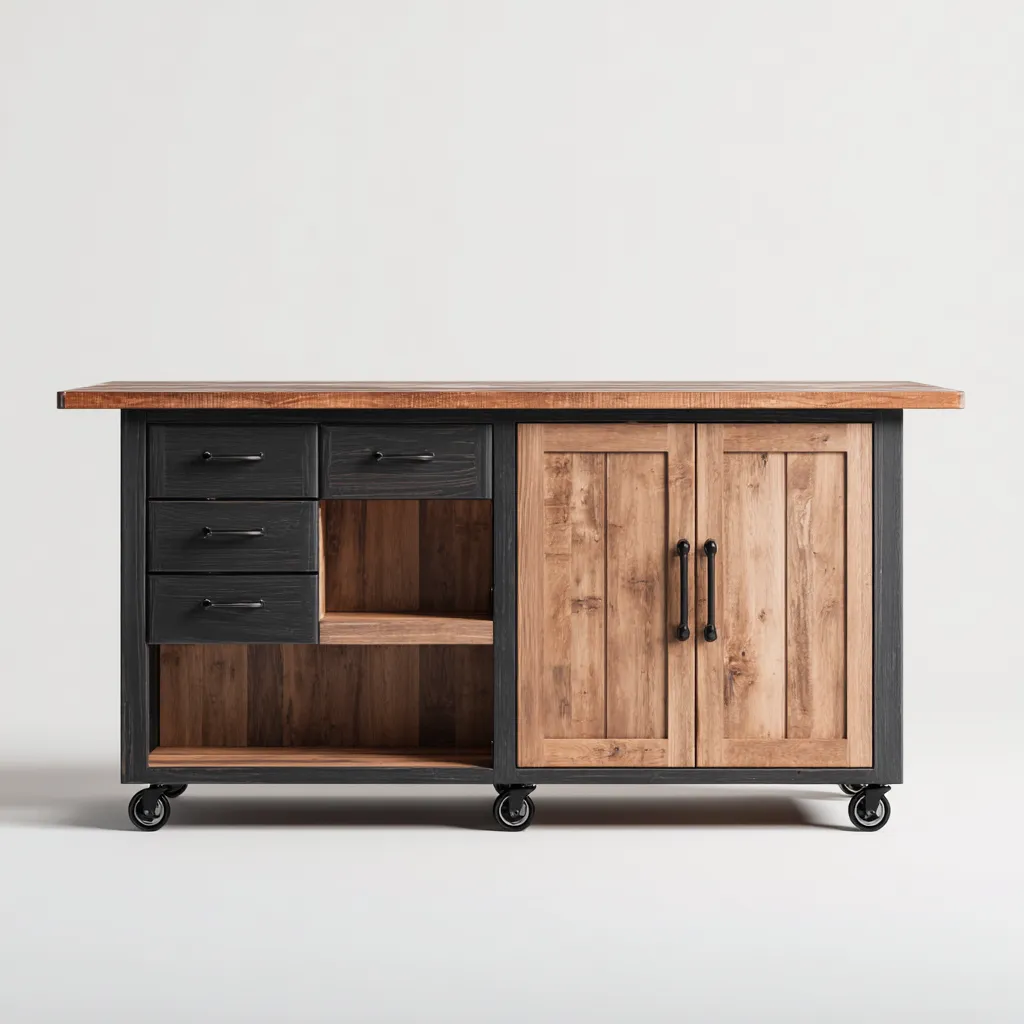 Îlot de cuisine - bois mélaminé - métal - 140x50x90 cm - noir-bois naturel - style industriel-Nestleify