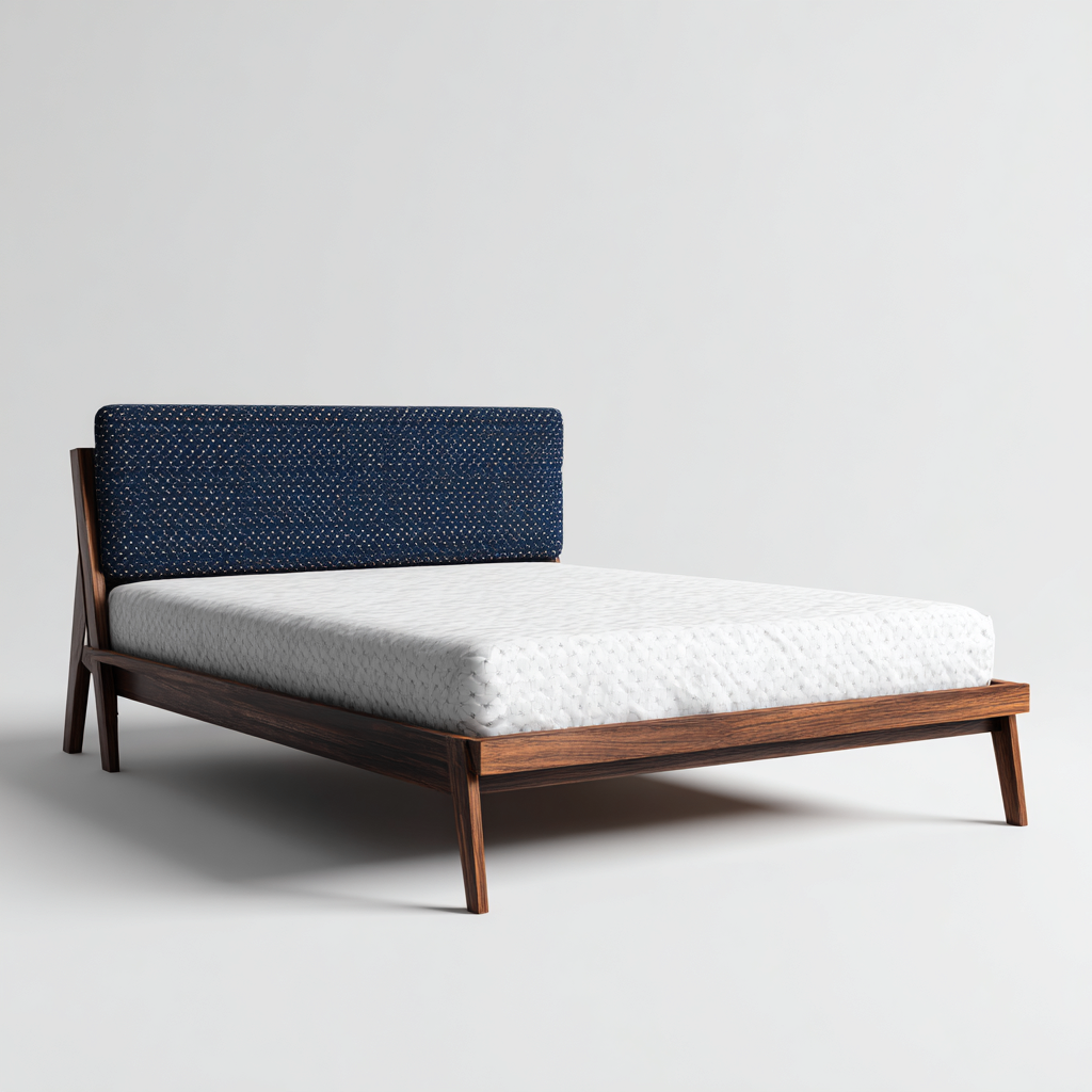 Lit double - bois - tissu - 200x160x95 cm - noyer-bleu marine - style moderne-Nestleify