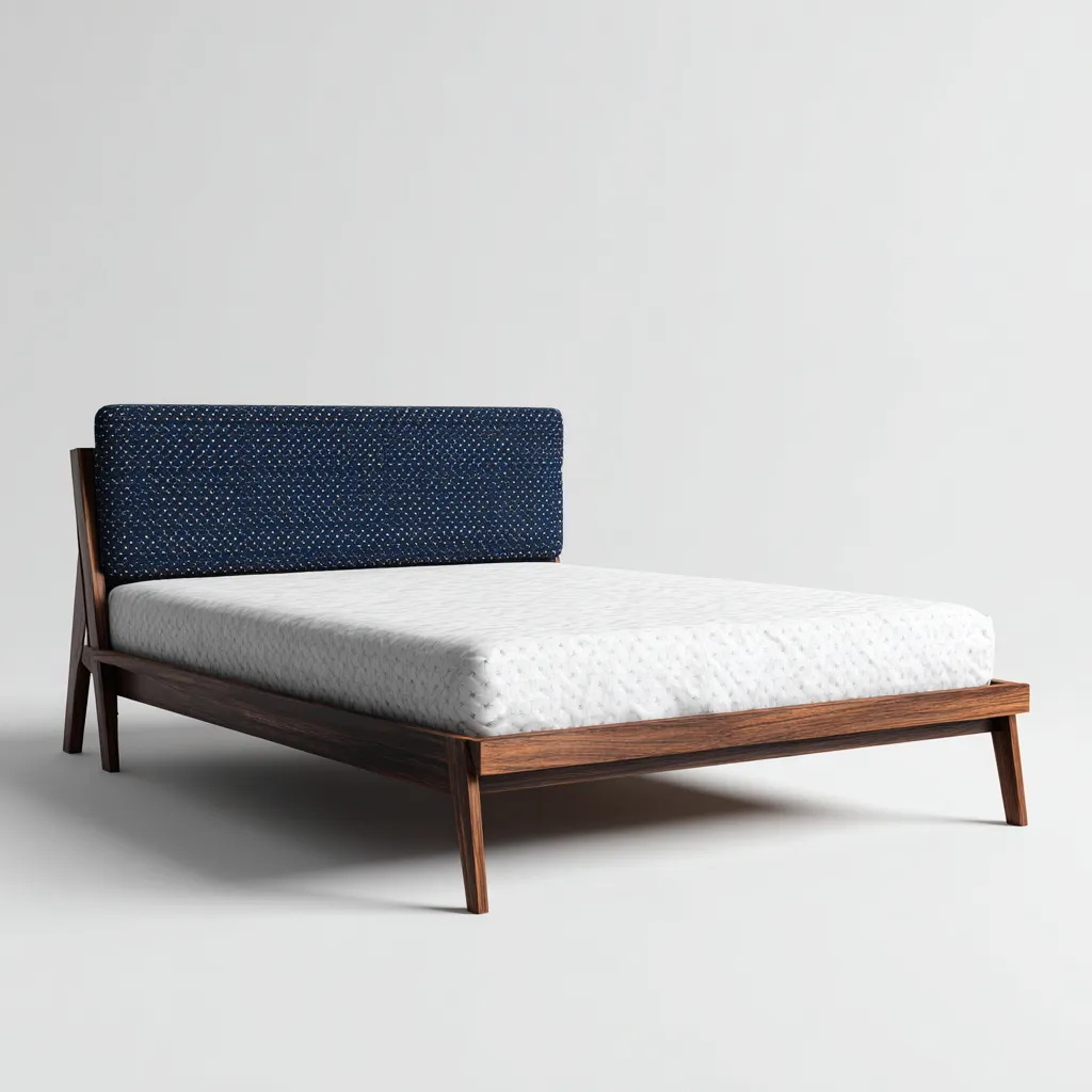 Lit double - bois - tissu - 200x160x95 cm - noyer-bleu marine - style moderne-Nestleify