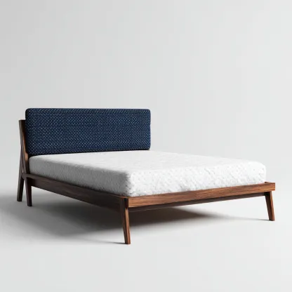 Lit double - bois - tissu - 200x160x95 cm - noyer-bleu marine - style moderne-Nestleify