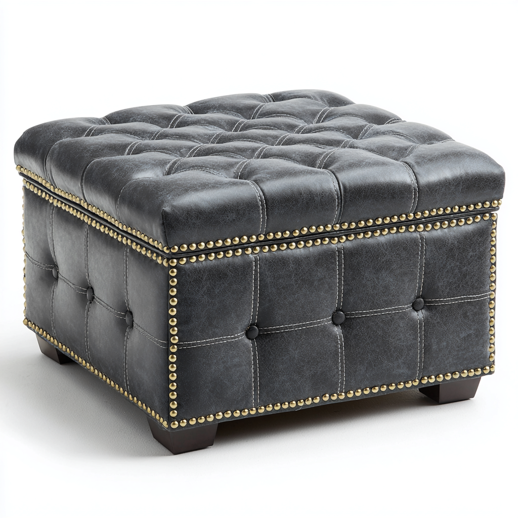 Pouf - similicuir - 45x45x44 cm - gris foncé - style classique-Nestleify