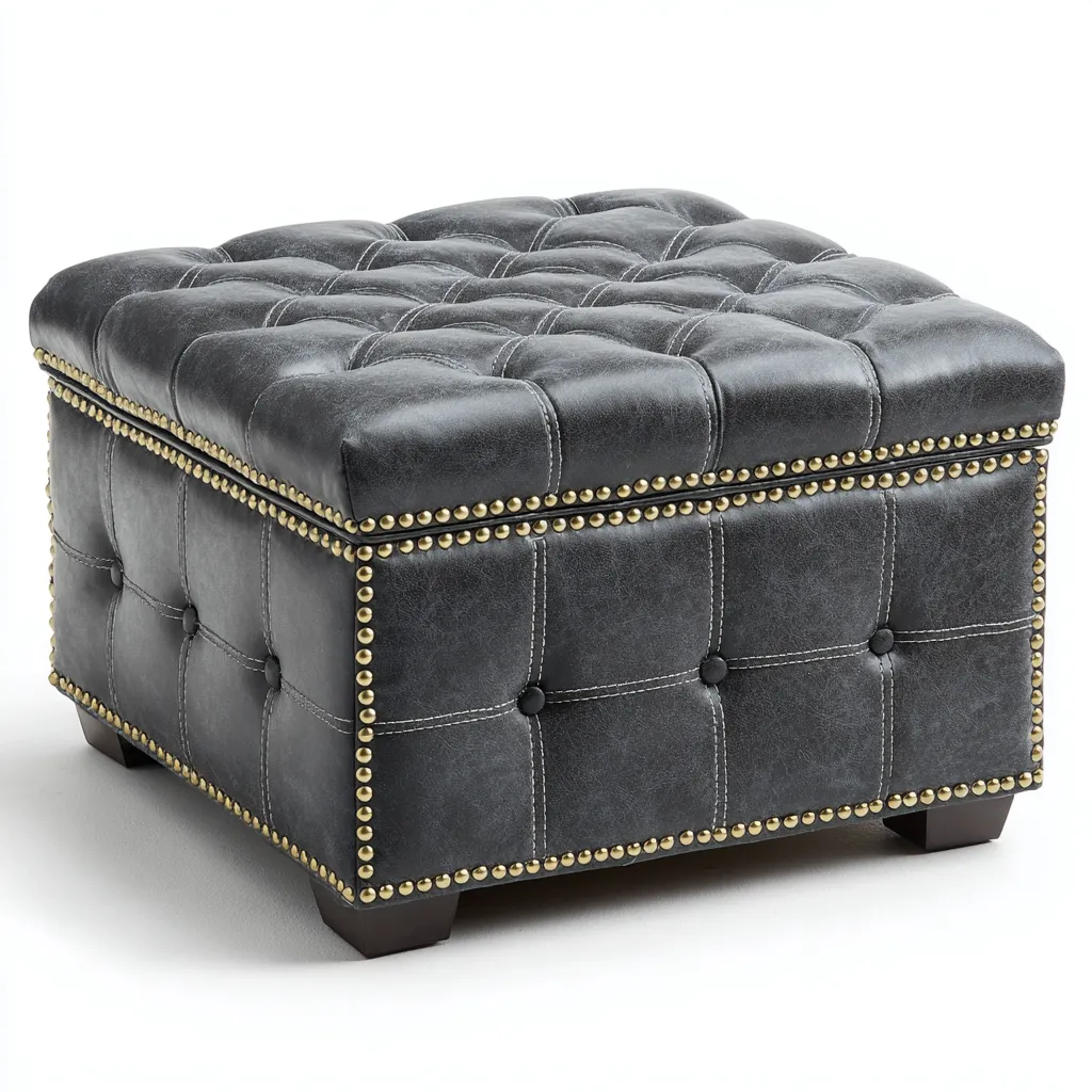 Pouf - similicuir - 45x45x44 cm - gris foncé - style classique-Nestleify