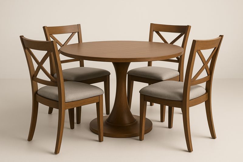 Set Tavolo Rotondo e Sedie in Legno Massello Marrone con Seduta Imbottita Grigia-Verdalorie