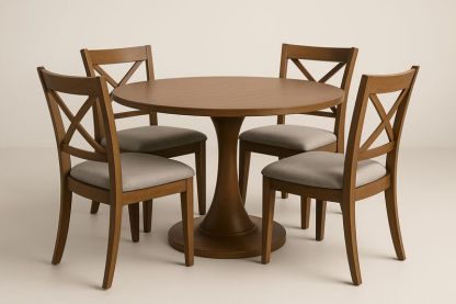 Set Tavolo Rotondo e Sedie in Legno Massello Marrone con Seduta Imbottita Grigia-Verdalorie