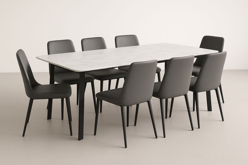 Set Tavolo 180×90×75 cm con 8 Sedie in Acciaio e PU – Tavolo Bianco, Sedie Grigie-Verdalorie