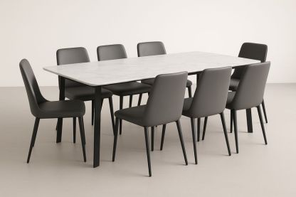 Set Tavolo 180×90×75 cm con 8 Sedie in Acciaio e PU – Tavolo Bianco, Sedie Grigie-Verdalorie