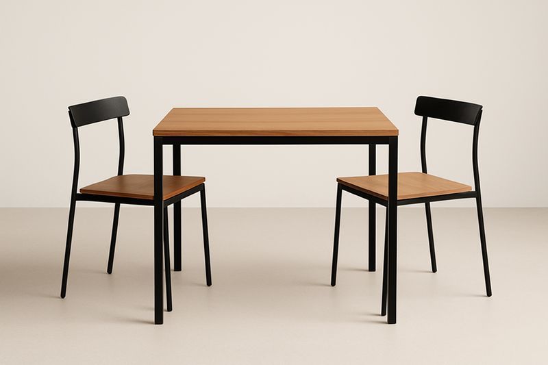 Set Tavolo Rettangolare 120×60×75 cm con 2 Sedie in MDF Impiallacciato Rovere e Struttura in Acciaio Nero – Legno Marrone/Nero-Verdalorie