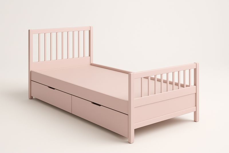 Letto Singolo in Legno di Pino Massello 200×90 cm con Vernice Rosa, Doghe e 2 Cassetti di Stoccaggio-Verdalorie