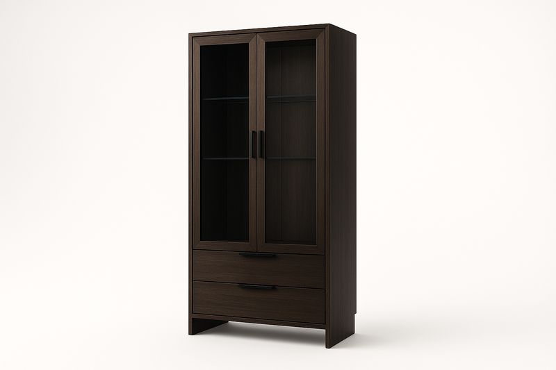 Vetrina 80×40×180 cm in MDF con Impiallacciatura in Frassino e Ante in Vetro – 2 Cassetti e 3 Ripiani-Verdalorie