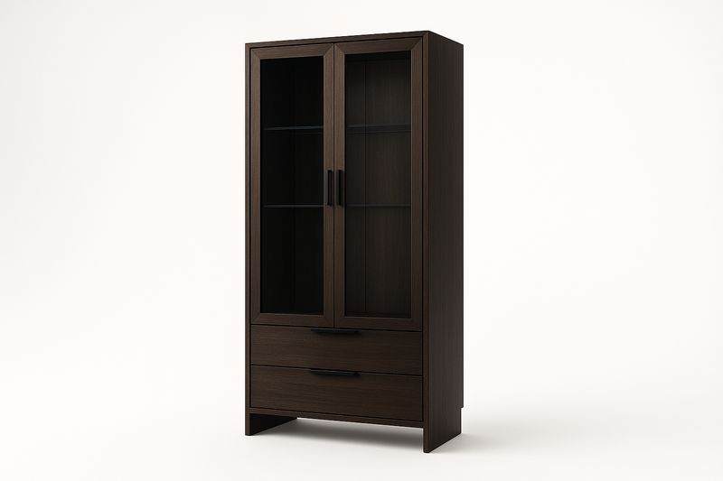 Vetrina 80×40×180 cm in MDF con Impiallacciatura in Frassino e Ante in Vetro – 2 Cassetti e 3 Ripiani-Verdalorie