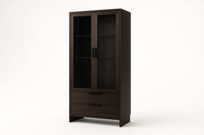 Vetrina 80×40×180 cm in MDF con Impiallacciatura in Frassino e Ante in Vetro – 2 Cassetti e 3 Ripiani-Verdalorie