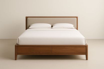 Letto Matrimoniale 200×160 cm in MDF con Testiera Imbottita Beige e 2 Cassetti Integrati-Verdalorie