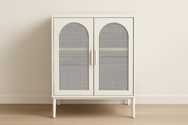 Mobile contenitore bianco in MDF laccato con ante in lamiera perforata e gambe in acciaio, 80x40x90 cm-Verdalorie