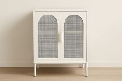 Mobile contenitore bianco in MDF laccato con ante in lamiera perforata e gambe in acciaio, 80x40x90 cm-Verdalorie
