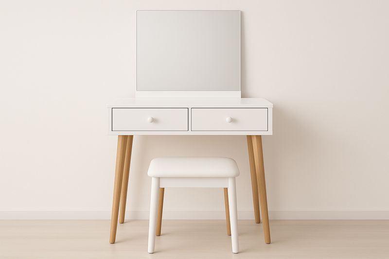 Toeletta Bianca in MDF 80×40 cm con 2 Cassetti, Specchio Rettangolare e Sgabello in Legno Massello di Hevea Imbottito in PU-Verdalorie