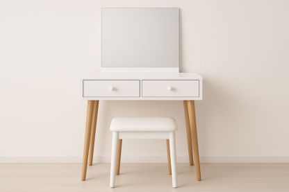 Toeletta Bianca in MDF 80×40 cm con 2 Cassetti, Specchio Rettangolare e Sgabello in Legno Massello di Hevea Imbottito in PU-Verdalorie