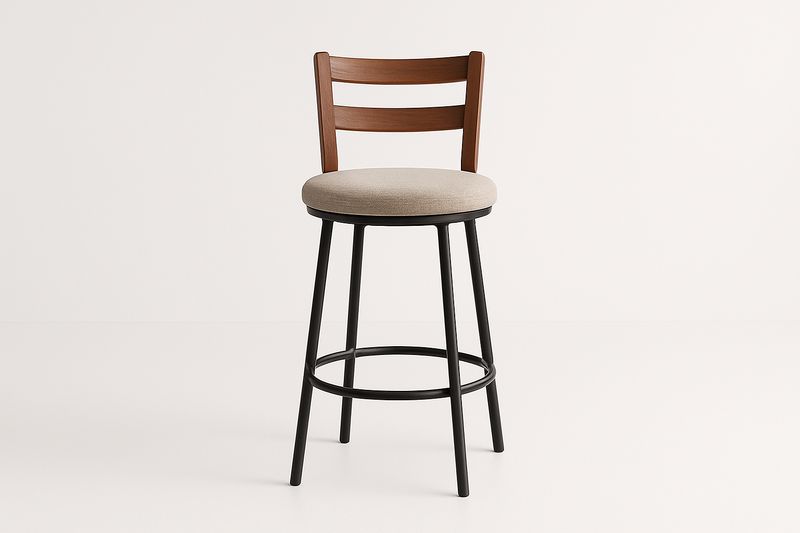 Sgabello Alto Girevole 75 cm con Struttura in Acciaio Nero, Schienale in Faggio e Seduta in Tessuto Beig-Verdalorie