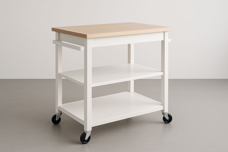 Carrello da Cucina in Acciaio Bianco con Piano Superiore in Faggio Massello 80×50×85 cm, 2 Ripiani, 4 Ruote e Maniglia Laterale-Verdalorie