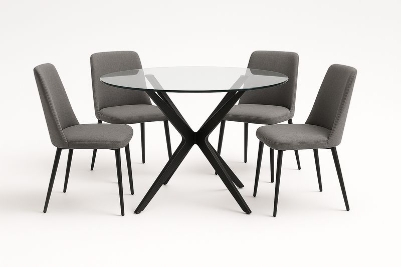 Set Tavolo Rotondo Ø100×75 cm con 4 Sedie in Acciaio e Tessuto Imbottito – Tavolo Nero, Sedie Grigie-Verdalorie