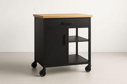 Carrello da Cucina in Acciaio Nero con Piano in Legno di Pino Massiccio 90×60×85 cm, 1 Cassetto, 2 Ripiani e 1 Anta – Montaggio Richiesto-Verdalorie