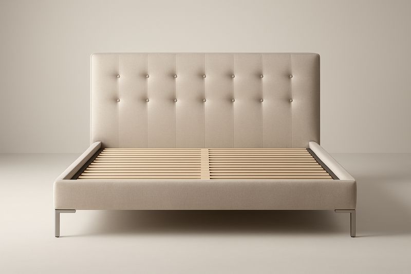 Letto matrimoniale imbottito in tessuto beige con gambe in metallo 160x200 cm-Verdalorie