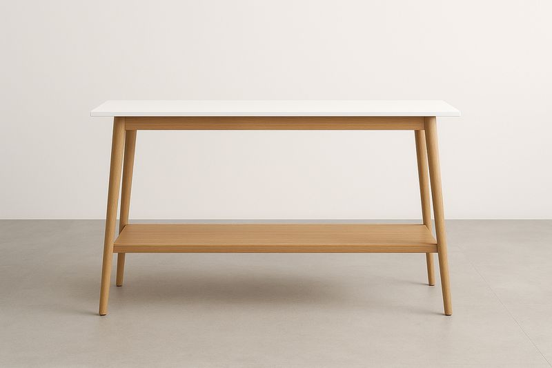 Consolle da Ingresso 120x60x75 cm in MDF e Legno Massello di Quercia – Bianco/Naturale con Ripiano Inferiore-Verdalorie