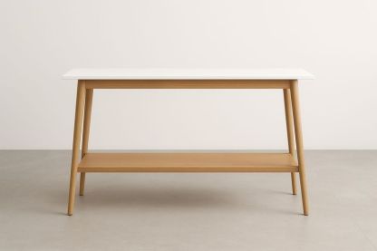 Consolle da Ingresso 120x60x75 cm in MDF e Legno Massello di Quercia – Bianco/Naturale con Ripiano Inferiore-Verdalorie