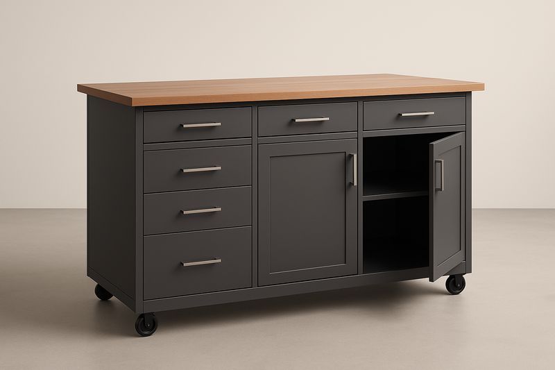 Carrello da Cucina in Acciaio Nero con Piano in Legno Massello di Faggio 152×61×92 cm, 6 Cassetti, 2 Ante e 4 Ruote Orientabili – Montaggio Richiesto-Verdalorie