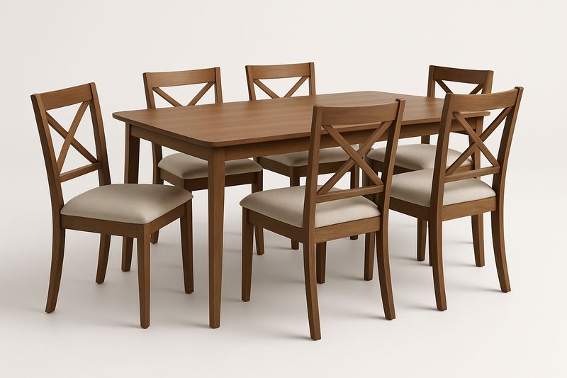 Set Tavolo 180×90×75 cm con 6 Sedie in Pino Massello Imbottite – Tavolo Marrone, Sedie Marrone/Beige-Verdalorie