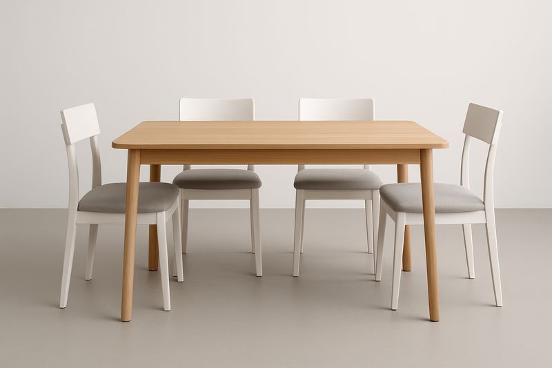 Set Tavolo 150×90×75 cm con 4 Sedie in Pino Massello Imbottite – Tavolo Legno Chiaro, Sedie Bianche/Grigie-Verdalorie