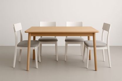 Set Tavolo 150×90×75 cm con 4 Sedie in Pino Massello Imbottite – Tavolo Legno Chiaro, Sedie Bianche/Grigie-Verdalorie