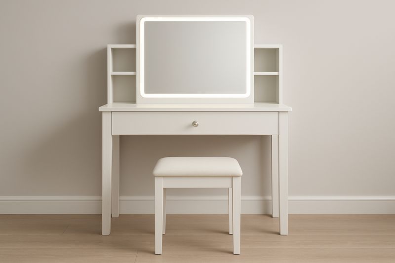 Toeletta Bianca in Legno di Pino 80×40 cm con Cassetto, Ripiani Laterali, Specchio LED 50×60 cm e Sgabello Imbottito in Cotone-Verdalorie