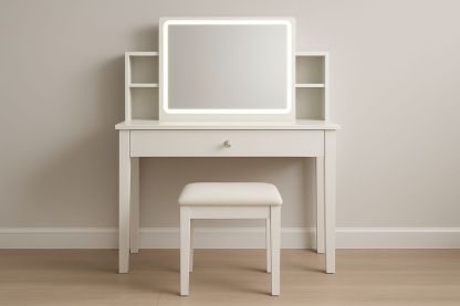 Toeletta Bianca in Legno di Pino 80×40 cm con Cassetto, Ripiani Laterali, Specchio LED 50×60 cm e Sgabello Imbottito in Cotone-Verdalorie