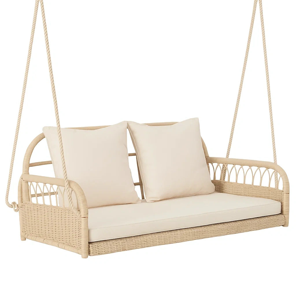 Altalena da Esterno in Rattan Sintetico Beige con Cuscini per Due Posti