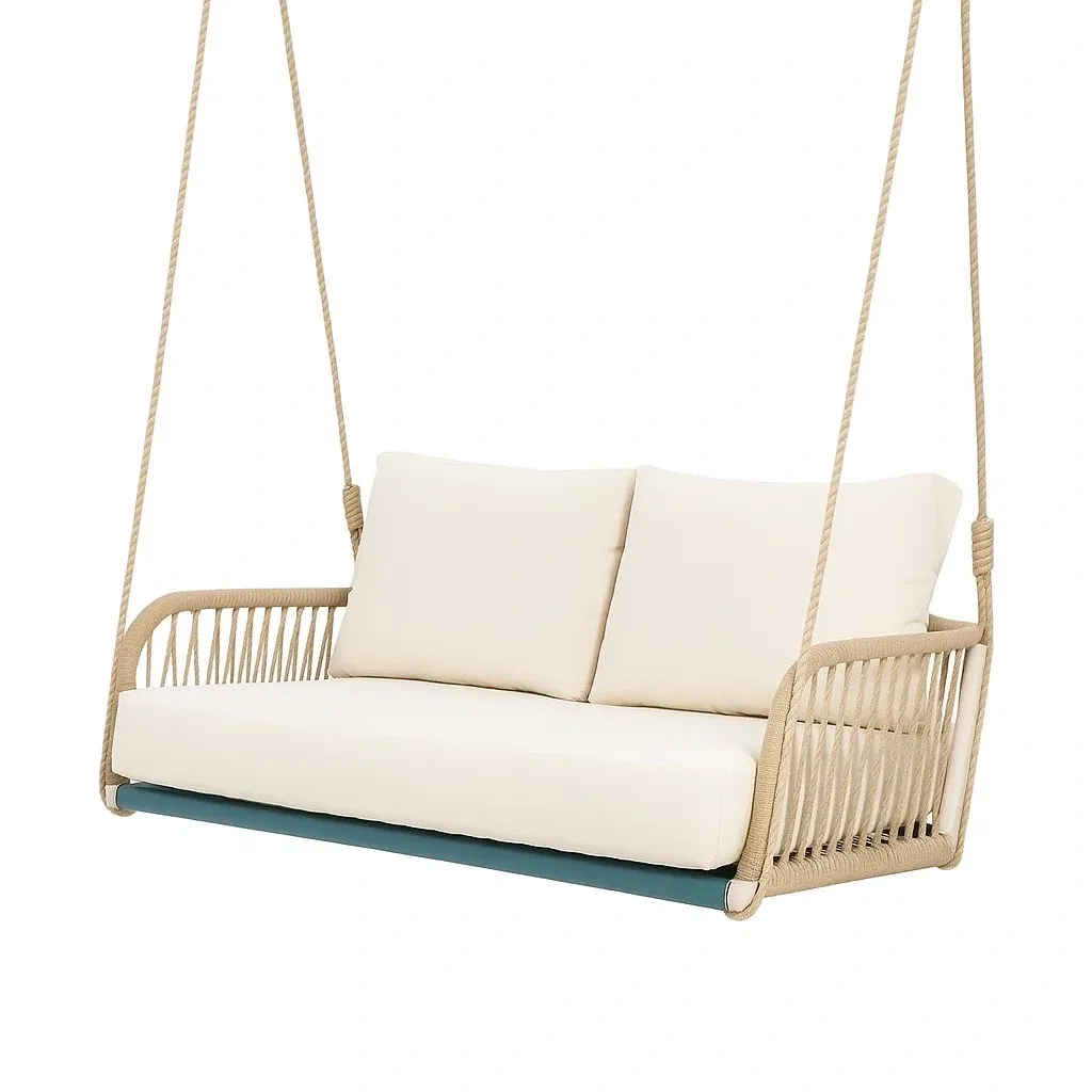 Altalena da Esterno in Corda e Acciaio per 2 Posti con Cuscini Beige