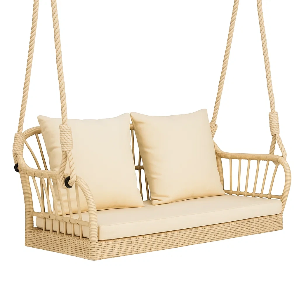 Altalena da Esterno in Rattan Sintetico con Cuscini Beige