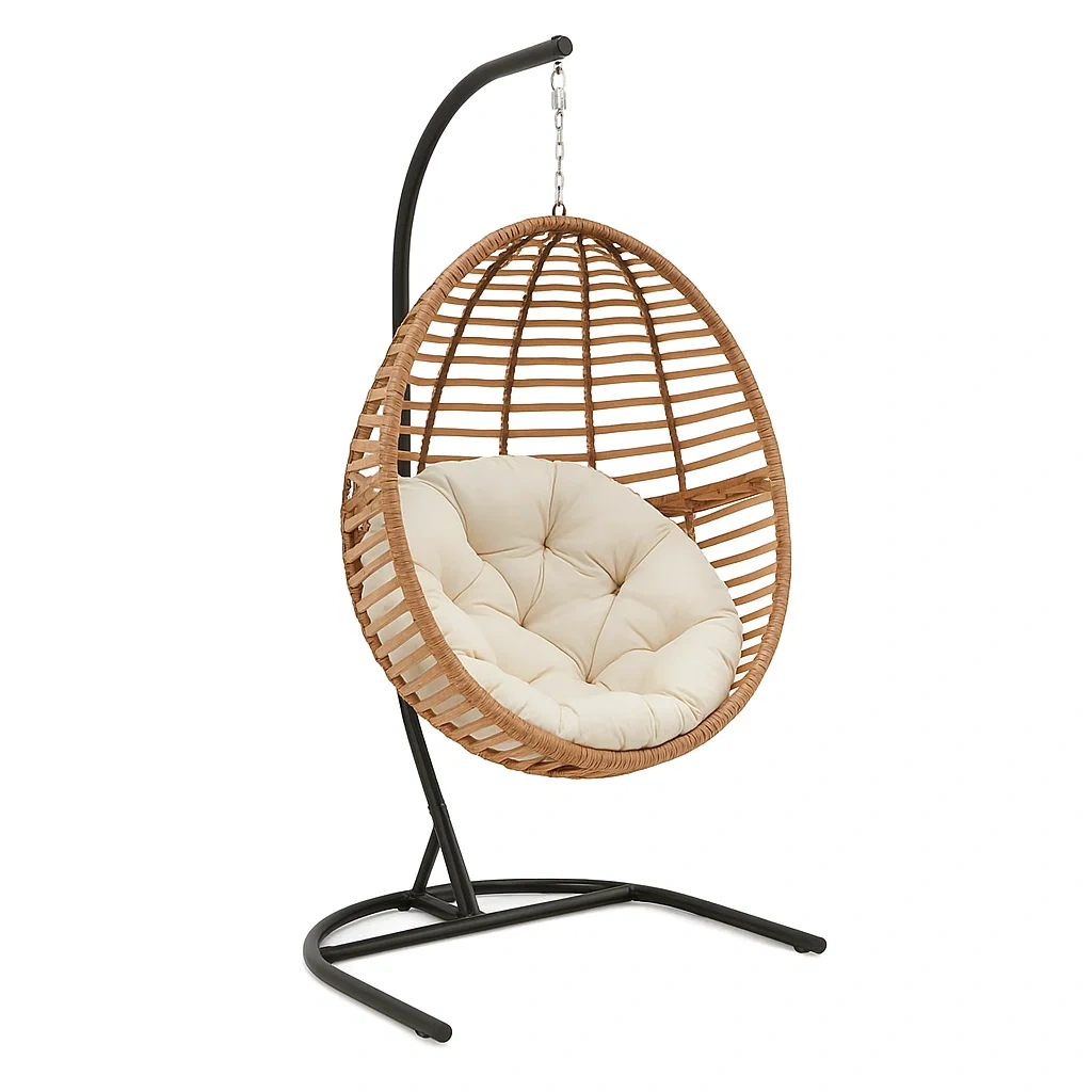 Poltrona Sospesa a Uovo in Rattan Sintetico con Cuscino in Poliestere