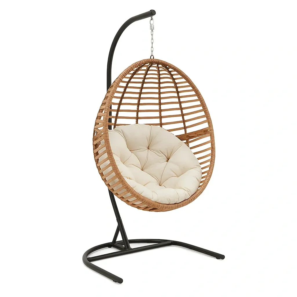 Poltrona Sospesa a Uovo in Rattan Sintetico con Cuscino in Poliestere