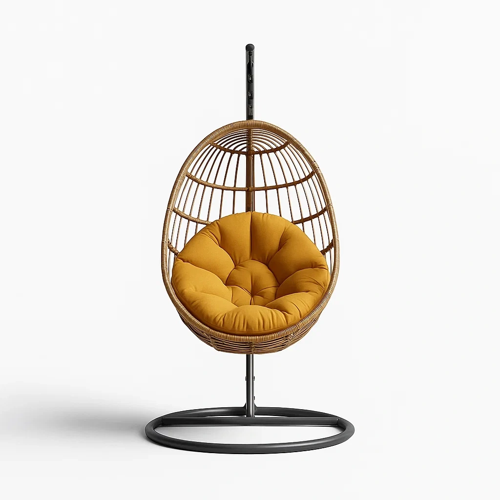 Poltrona Sospesa a Uovo in Rattan con Cuscino Giallo