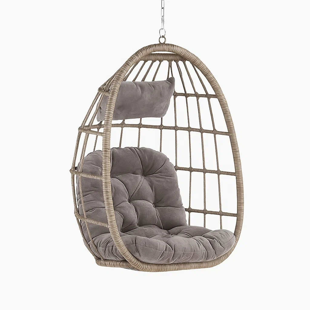 Poltrona Sospesa a Uovo in Rattan Sintetico con Cuscino Grigio Rimovibile